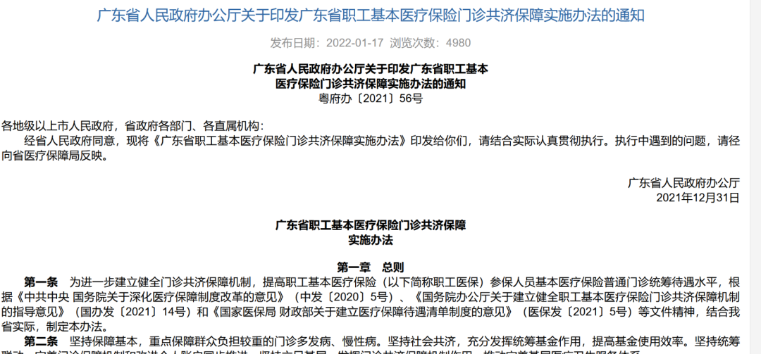 广东省人民政府办公厅关于印发广东省职工基本医疗保险门诊共济保障实施办法的通知