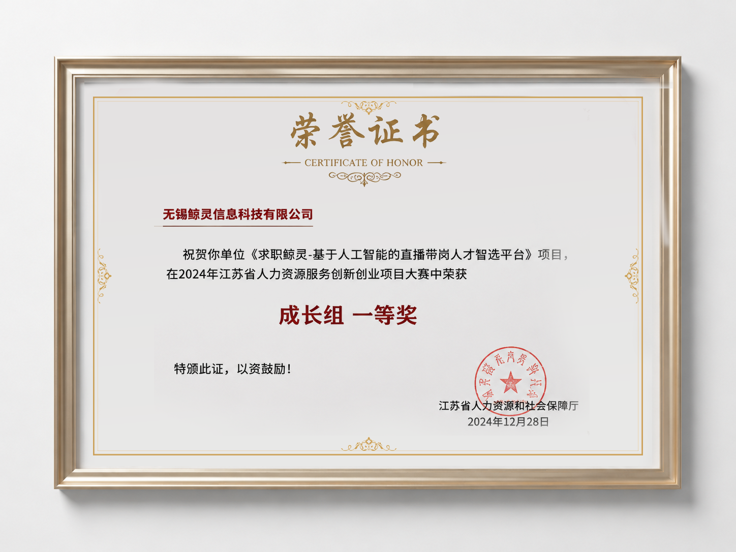江苏省人力资源服务创新创业项目大赛成长组一等奖