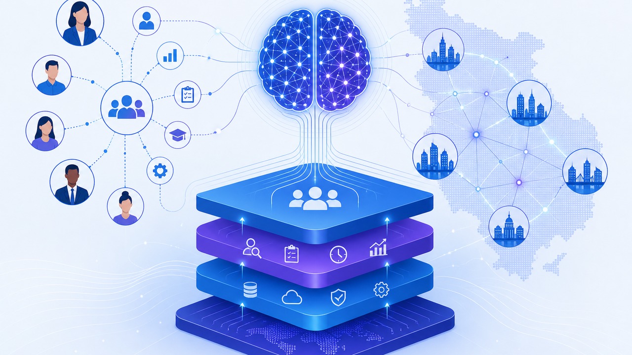 人力外包交付确定性主题封面——蓝紫科技风，AI 神经网络连接用工图标与全国城市地图节点、四层系统底座与数据流线